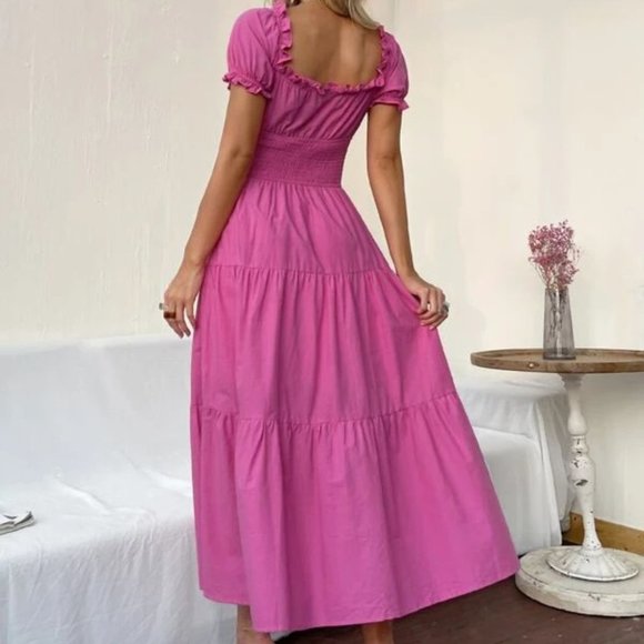 Pink Boho Off Shoulder Flounce Sleeve shabby chic Shirred cottagecore Max… - Picture 5 of 5